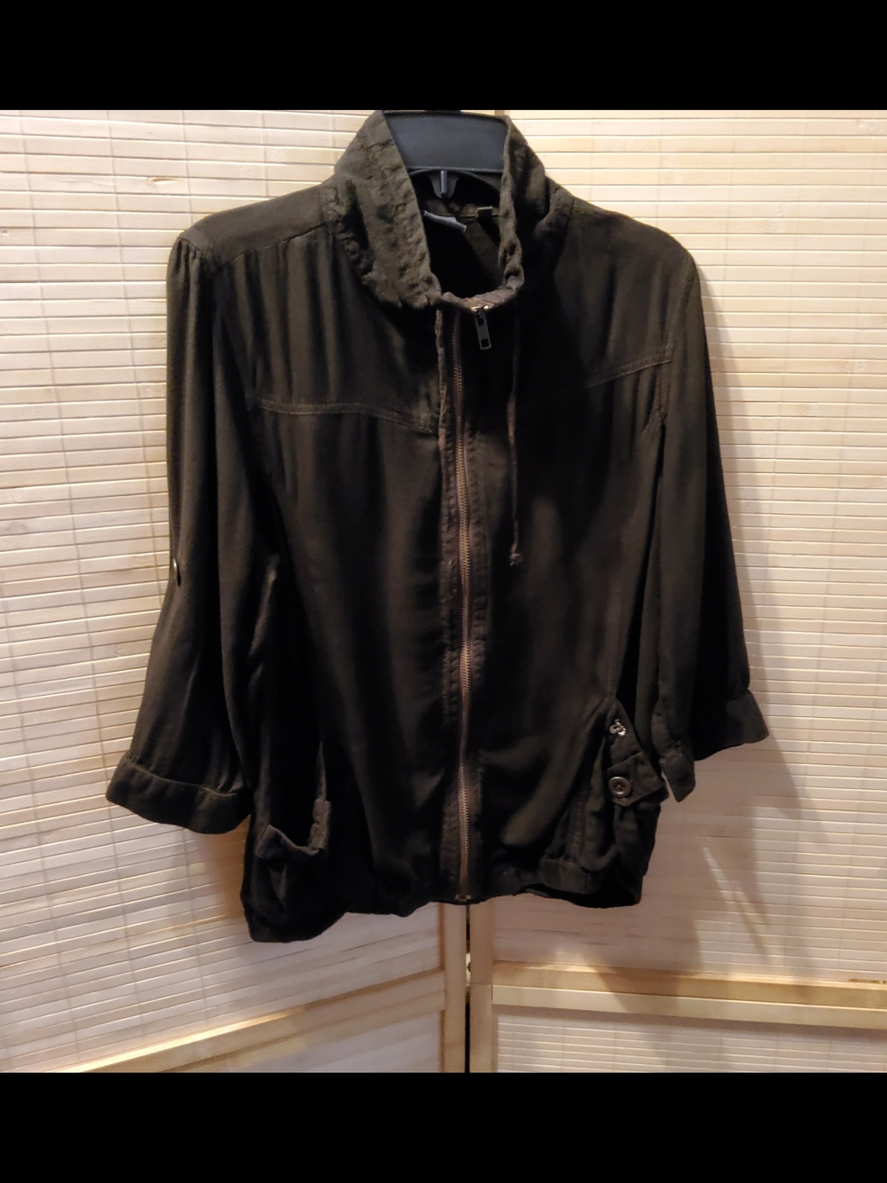 Utility-Inspired Olive Women’s Zip Jacket with Tab 3/4 Sleeves